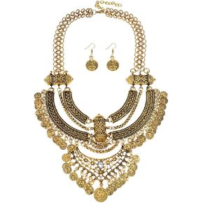 Ufraky Women Vintage Bohemian Ethnic Gypsy Bib Chunky Festival Statement Coin Necklace and Earrings Set