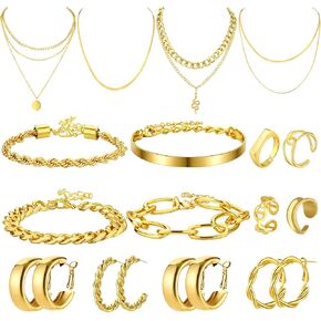 Henoyso 16 Pcs Gold Jewelry Sets for Women 4 Gold Necklace 4 Gold Bracelets 4 Gold Earring 4 Knuckle Rings Hoop Stud Earrings for Women Girls Valentine Birthday Wedding Party Gift