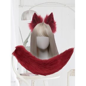 CoFoWo Handmade Grey Cat Fox Wolf Ears and Tail Set,Animal Tail Cosplay, Halloween Christmas Fancy Party Furry Costume, Funny Gifts(Claret Red)