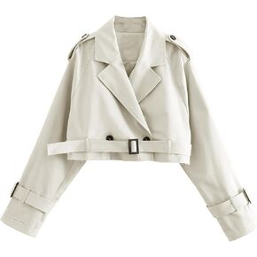Bianstore Women's Cropped Trench Coat Fashion Long Sleeve Belted Jacket Outerwear in Kuwait