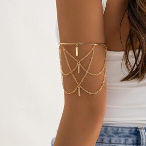 Rannyrena Punk Chain Tassel Upper Arm Cuff Half Open Teardrop Crystal Leaf Bar Charm Pendant Lariat Armlet Gothic Arm Bracelet Bangle for Women and Girls (Gold bar)