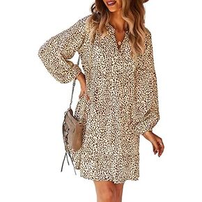 TEMOFON Womens Long Sleeve Dress: Leopard Printed Tunic Casual Loose V Neck Fall Flowy Mini Dresses S-XL