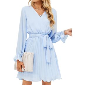 فستان نسائي صيفي غير رسمي لحفلات الزفاف من BBX Lephsnt فستان طويل بأكمام منتفخة ورقبة على شكل V مطوي وكشكش وحزام متدفق فستان قصير in Kuwait