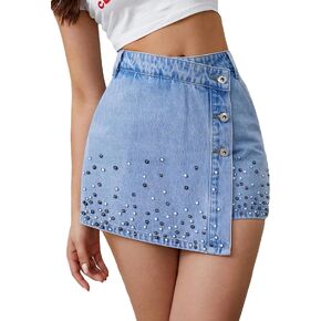 Floerns Women's Casual Wrap Button Front Asymmetrical Jean Denim Skort Skirt Shorts in Kuwait