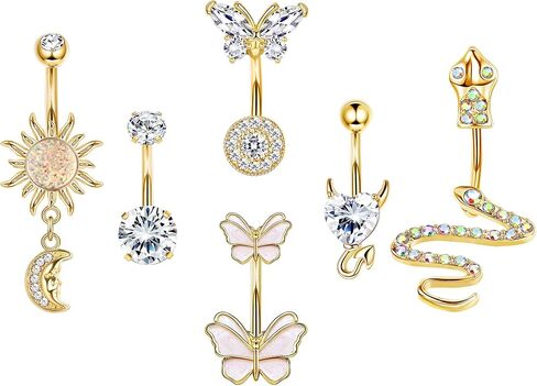 Fansilver 14G حلقات زر البطن للنساء حلقات البطن الفولاذية الجراحية المتدلية الأفعى عين الشر فراشة واضحة تشيكوسلوفاكيا حلقات السرة حزمة الحديد ثقب الجسم المجوهرات in Kuwait