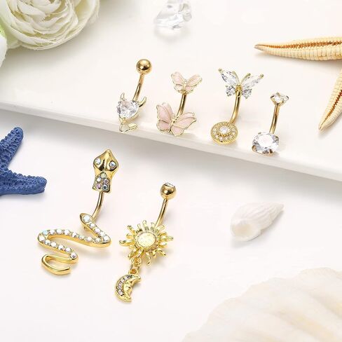 Fansilver 14G حلقات زر البطن للنساء حلقات البطن الفولاذية الجراحية المتدلية الأفعى عين الشر فراشة واضحة تشيكوسلوفاكيا حلقات السرة حزمة الحديد ثقب الجسم المجوهرات in Kuwait