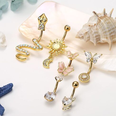 Fansilver 14G حلقات زر البطن للنساء حلقات البطن الفولاذية الجراحية المتدلية الأفعى عين الشر فراشة واضحة تشيكوسلوفاكيا حلقات السرة حزمة الحديد ثقب الجسم المجوهرات in Kuwait