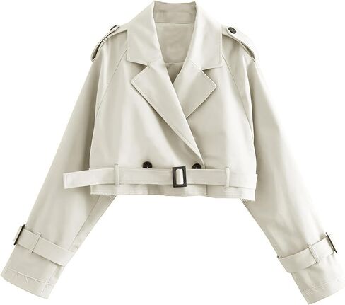 Bianstore Women's Cropped Trench Coat Fashion Long Sleeve Belted Jacket Outerwear in Kuwait