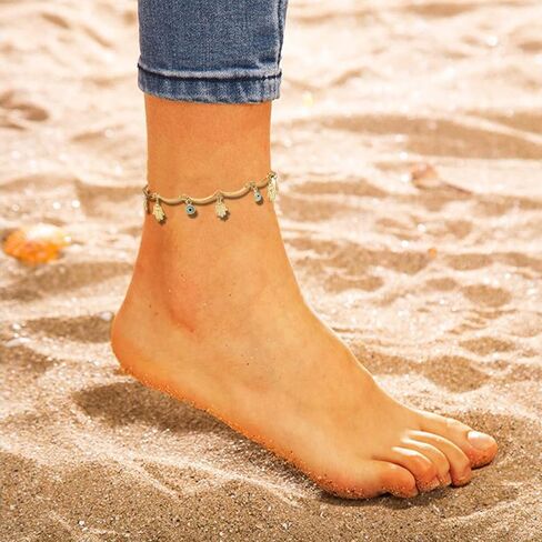 RINHOO 18k Gold Plated Evil Eye Anklet Lucky Turkey Blue Eye Hand of Fatima Butterfly Cross Anklet Bracelets for Women Girls in Kuwait