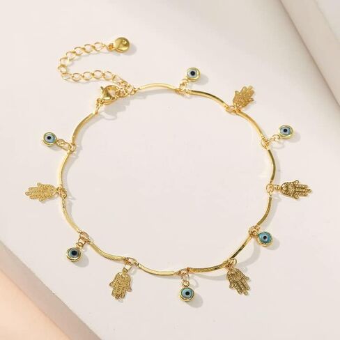 RINHOO 18k Gold Plated Evil Eye Anklet Lucky Turkey Blue Eye Hand of Fatima Butterfly Cross Anklet Bracelets for Women Girls in Kuwait