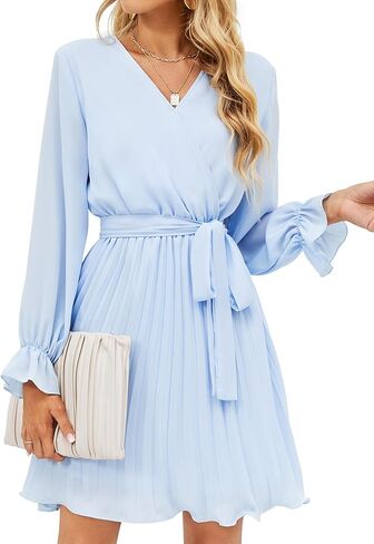 فستان نسائي صيفي غير رسمي لحفلات الزفاف من BBX Lephsnt فستان طويل بأكمام منتفخة ورقبة على شكل V مطوي وكشكش وحزام متدفق فستان قصير in Kuwait