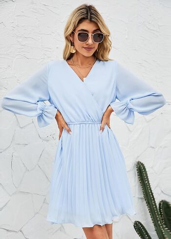 فستان نسائي صيفي غير رسمي لحفلات الزفاف من BBX Lephsnt فستان طويل بأكمام منتفخة ورقبة على شكل V مطوي وكشكش وحزام متدفق فستان قصير in Kuwait