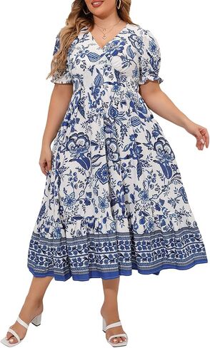 MakeMeChic Women's Plus Size Boho Casual Dress Floral Short Sleeve Shirred Square Neck Maxi Flomal Dress in Saudi Arabia