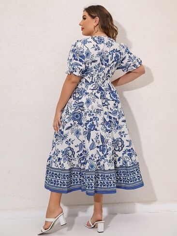 MakeMeChic Women's Plus Size Boho Casual Dress Floral Short Sleeve Shirred Square Neck Maxi Flomal Dress in Saudi Arabia