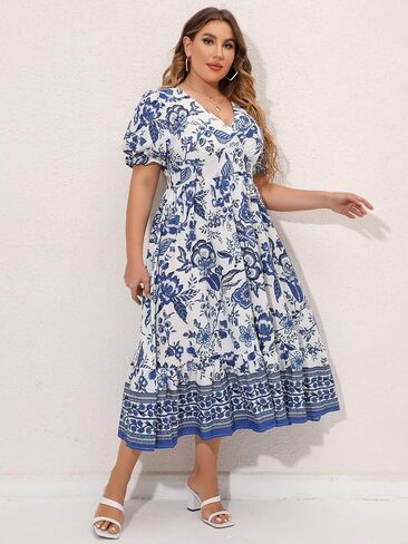 MakeMeChic Women's Plus Size Boho Casual Dress Floral Short Sleeve Shirred Square Neck Maxi Flomal Dress in Saudi Arabia