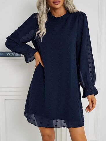 Adibosy Women Dress Long Sleeve: Flowy Wedding Guest Casual Mini Dresses for Womens Swiss Dot Chiffon Short Dress in Kuwait