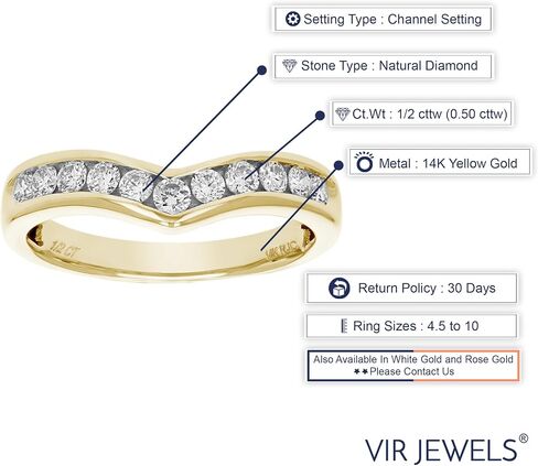VIR JEWELS 1/2 cttw Diamond Wedding Band for Women, V Shape Round Diamond Wedding Band in 14K Yellow Gold Channel Set, Size 4.5-10 in Saudi Arabia