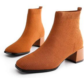 TIJN Women's Fashion Knitted Ankle Boots Classic Square Toe and Chunky Block Mid Heels Comfortable Warm Ankle Booties(Libby) in Kuwait