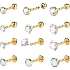 Oveta 16 مقياس الغضروف الزنمة حلق مسمار الفولاذ المقاوم للصدأ وخيوط داخلية أوبال لابريت مونرو حلقات الشفاه ثقب المجوهرات، 6/8 مم شريط لينث، فضي/ذهبي in Kuwait