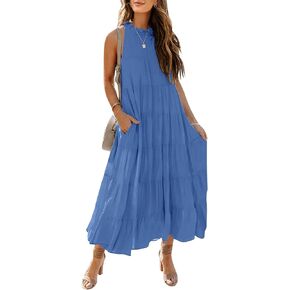 HAEOF Womens 2023 Summer Sleeveless Halter Maxi Dress Pleated Tiered Swing Beach Long Dresses Sundress