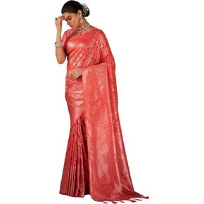 ساري Vardha النسائي النحاسي الوردي Zari Butta Banarasi Art Silk ساري | ساري منسوج | ساري زفاف ديوالي الهندي وبلوزة غير مخيطة in Kuwait