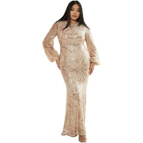 فستان Miss ord نسائي رسمي بمقاس كبير مزين بالترتر ورقبة دائرية طويل على شكل حورية البحر للحفلات الراقصة، بأكمام طويلة على شكل فانوس in Kuwait