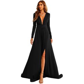 فستان Lin Lin Q نسائي مثير بفتحة رقبة متدلية وفخذ طويل للحفلات الراقصة، فستان سهرة ضيق بأكمام طويلة لالتقاط الصور in Kuwait