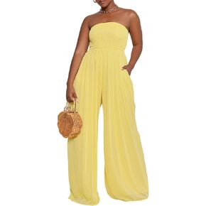 FYEARFOX Women's Sexy Off Shoulder Elastic Smocked Wide Leg Jumpsuit Strapless Tube Top Flare Long Pants Romper with Pockets