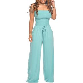 FYEARFOX Women's Sexy Off Shoulder Elastic Smocked Wide Leg Jumpsuit Strapless Tube Top Flare Long Pants Romper with Pockets