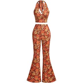 Verdusa Women's 2 Piece 70s Outfit Boho Halter V Neck Crop Top and Wide Leg Pants Set