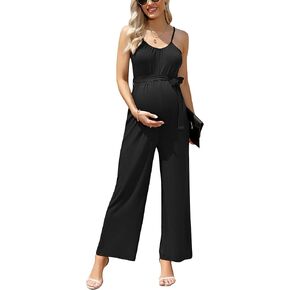 FUNJULY Women's Maternity Jumpsuit Wide Leg Sleeveless Adjustable Strap Pockets Casual Romper with Belt in Kuwait