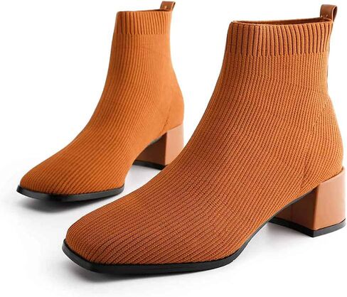 TIJN Women's Fashion Knitted Ankle Boots Classic Square Toe and Chunky Block Mid Heels Comfortable Warm Ankle Booties(Libby) in Kuwait