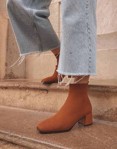 TIJN Women's Fashion Knitted Ankle Boots Classic Square Toe and Chunky Block Mid Heels Comfortable Warm Ankle Booties(Libby) in Kuwait