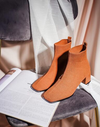 TIJN Women's Fashion Knitted Ankle Boots Classic Square Toe and Chunky Block Mid Heels Comfortable Warm Ankle Booties(Libby) in Kuwait