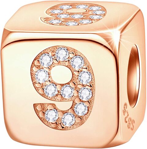 Rose Gold Dice Lucky 0-9 Number and Poker Card Charms with CZ, 925 Sterling Silver Cube Shape Beads fits European Bracelet, Gifts for Birthday/Friends/Mom/Teacher in Kuwait