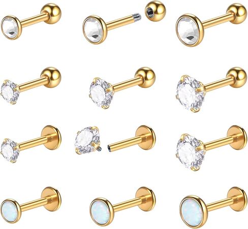 Oveta 16 مقياس الغضروف الزنمة حلق مسمار الفولاذ المقاوم للصدأ وخيوط داخلية أوبال لابريت مونرو حلقات الشفاه ثقب المجوهرات، 6/8 مم شريط لينث، فضي/ذهبي in Kuwait