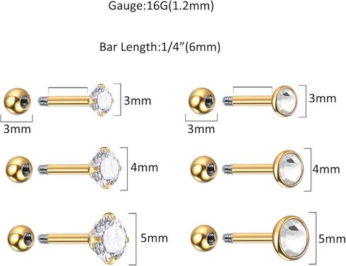 Oveta 16 مقياس الغضروف الزنمة حلق مسمار الفولاذ المقاوم للصدأ وخيوط داخلية أوبال لابريت مونرو حلقات الشفاه ثقب المجوهرات، 6/8 مم شريط لينث، فضي/ذهبي in Kuwait