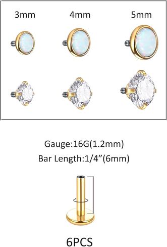 Oveta 16 مقياس الغضروف الزنمة حلق مسمار الفولاذ المقاوم للصدأ وخيوط داخلية أوبال لابريت مونرو حلقات الشفاه ثقب المجوهرات، 6/8 مم شريط لينث، فضي/ذهبي in Kuwait