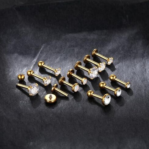 Oveta 16 مقياس الغضروف الزنمة حلق مسمار الفولاذ المقاوم للصدأ وخيوط داخلية أوبال لابريت مونرو حلقات الشفاه ثقب المجوهرات، 6/8 مم شريط لينث، فضي/ذهبي in Kuwait