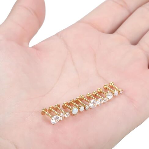 Oveta 16 مقياس الغضروف الزنمة حلق مسمار الفولاذ المقاوم للصدأ وخيوط داخلية أوبال لابريت مونرو حلقات الشفاه ثقب المجوهرات، 6/8 مم شريط لينث، فضي/ذهبي in Kuwait