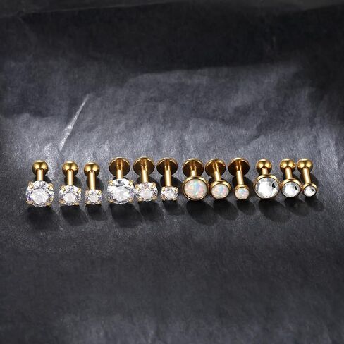 Oveta 16 مقياس الغضروف الزنمة حلق مسمار الفولاذ المقاوم للصدأ وخيوط داخلية أوبال لابريت مونرو حلقات الشفاه ثقب المجوهرات، 6/8 مم شريط لينث، فضي/ذهبي in Kuwait