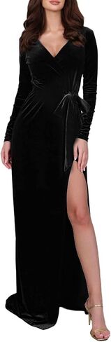 فستان نسائي من Oumbivil Morticia Addams فستان تنكري بأكمام طويلة مثير ملفوف على شكل توليب بفتحة أمامية كاملة أزياء الهالوين الطويلة in Kuwait