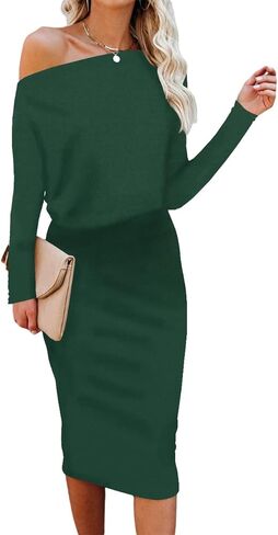 فستان نسائي بدون أكتاف شتوي بأكمام طويلة للعمل وكوكتيل متوسط ​​الطول أخضر داكن مقاس كبير in Kuwait