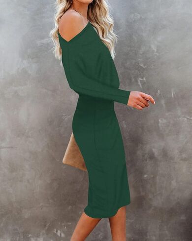 فستان نسائي بدون أكتاف شتوي بأكمام طويلة للعمل وكوكتيل متوسط ​​الطول أخضر داكن مقاس كبير in Kuwait