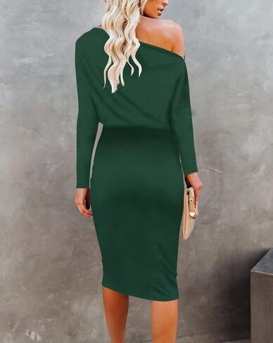 فستان نسائي بدون أكتاف شتوي بأكمام طويلة للعمل وكوكتيل متوسط ​​الطول أخضر داكن مقاس كبير in Kuwait