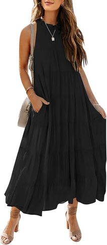 HAEOF Womens 2023 Summer Sleeveless Halter Maxi Dress Pleated Tiered Swing Beach Long Dresses Sundress in Kuwait