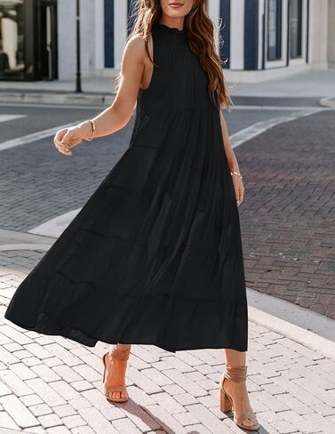 HAEOF Womens 2023 Summer Sleeveless Halter Maxi Dress Pleated Tiered Swing Beach Long Dresses Sundress in Kuwait