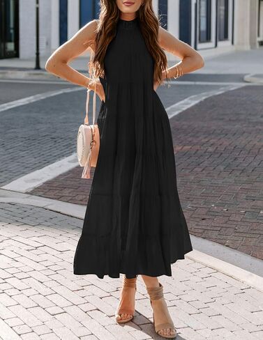 HAEOF Womens 2023 Summer Sleeveless Halter Maxi Dress Pleated Tiered Swing Beach Long Dresses Sundress in Kuwait