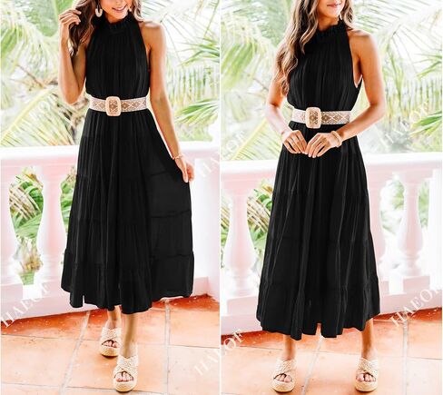 HAEOF Womens 2023 Summer Sleeveless Halter Maxi Dress Pleated Tiered Swing Beach Long Dresses Sundress in Kuwait