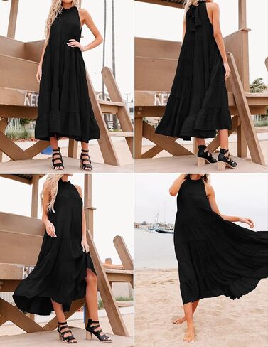 HAEOF Womens 2023 Summer Sleeveless Halter Maxi Dress Pleated Tiered Swing Beach Long Dresses Sundress in Kuwait